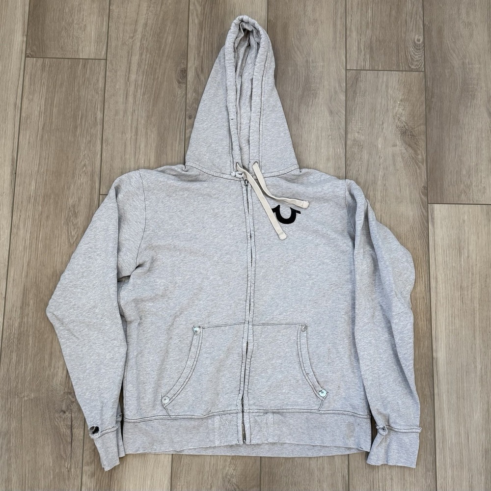 True Religion Distressed Light Gray Full Zip Hoodie Adult Size XL Streetwear